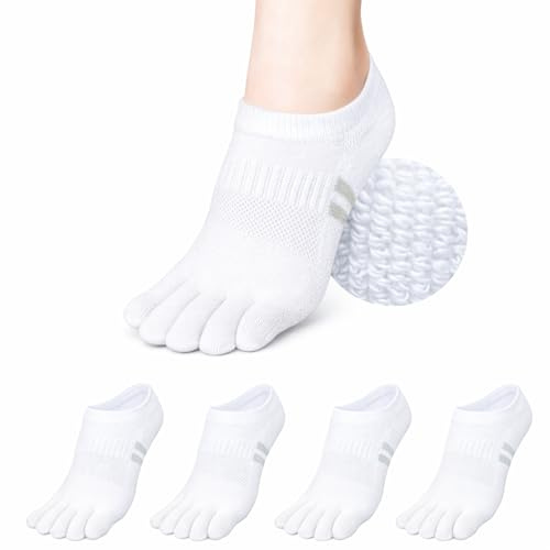 soxsense Cushion No Show Toe Socks For Women Five Finger Socks Low Cut Athletic Running Socks 4 Pairs (US, Alpha, Medium, Regular, Regular, White)