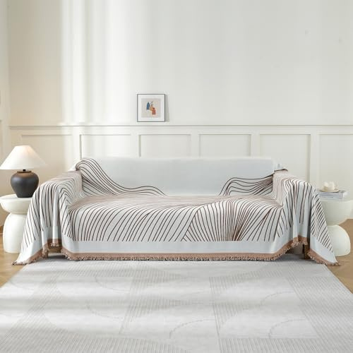 YSTELLAA Sofföverdrag 4-Sits, 180×380CM, Chenille Ab-Sidigt Överdrag För Hörnsoffa, Pet Soff Cover Överdrag, Sofföverkast Fläckbeständig Heminrednin, Sofföverdrag Med Tofs, Mörkt Kaffe-Curve