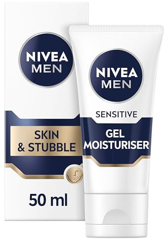 NIVEA MEN Sensitive Skin & Stubble Gel Moisturiser (50ml), Men's Face Cream for Daily Use, Gel Moisturiser with Vitamin E, Provitamin B5 and Chamomile Extract