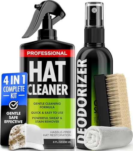 4-in-1 Professional Hat Cleaning Kit - Removes Dirt and Stains, Gentle Hat Cleaner for Baseball Caps, Fitted Cowboy, & Felt Hats, Complete Hat Cleaner with Hat Deodorizer, Brush & Microfiber Cloth