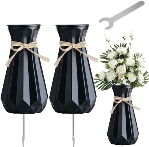 2PCS Cemetery Vases for Grave-Durable Plastic Grave Vases Flower Holder with Metal Spikes Bow Decor for Cemetery Headstones, Outdoor Grave Decorations for Memorial Gifts for Loss of Loved One - Balck