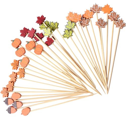 Catelves 100 Stück Ahornblatt Cocktailspieße Herbst Party Cocktail Zubehör Deko,Kürbis Zahnstocher Holz,Spieße Fingerfood Thanksgiving Dekoration,Ahornblatt Holzspieße für Herbst Thema Party Deko