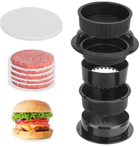 Trendecor Presse à hamburger 4 en 1 - Presse à hamburger - Machine à hamburger farcie - Coupe-sandwich - Viande de bœuf - Légumes - Avec 100 disques en papier ciré
