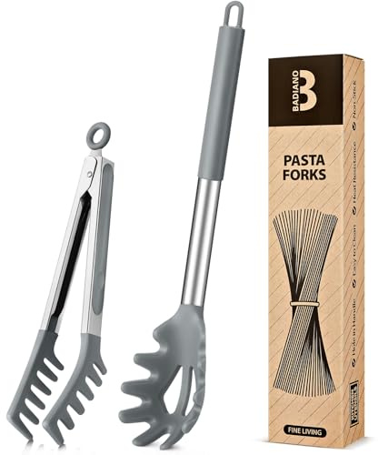 Silicone Spaghetti Spoon & Pasta Tong, Non-Stick Stainless Steel Handle Pasta Fork Set with Teeth, Food Clip for Easy Serving of Noodles(Grey)