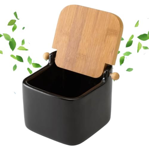 Solty - Salero de Cocina de Cerámica con Tapa - Tapa de Material de Bambú - Diseño Moderno - Medida 15 x 12 x 11 cm - Fácil de Limpiar (Negro)