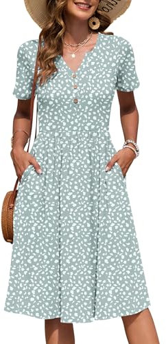 AUSELILY Damen Kurzarm Sommerkeider Knielange Sommer Kleider V-Ausschnitt mit Knöpfen Empire Midikleid mit Taschen Grüner Fleck XL
