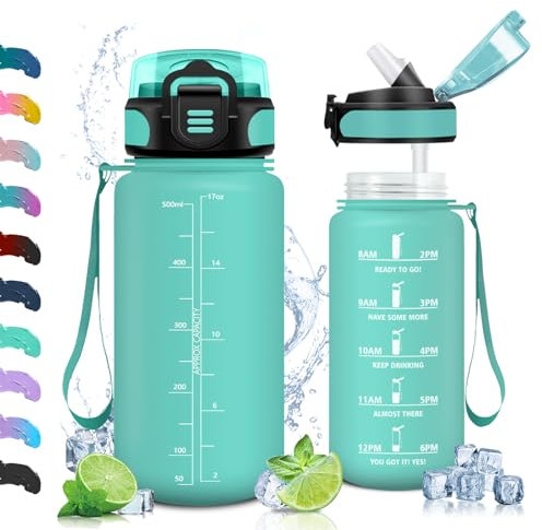 Vikaster Botella Agua, Botellas Agua Niños 0.5l, Botella con Pajita sin BPA, a Prueba de Fugas, Fácil de Abrir, Botella Reutilizable, Gimnasio, Running, Niños, Adulto, Bicicleta