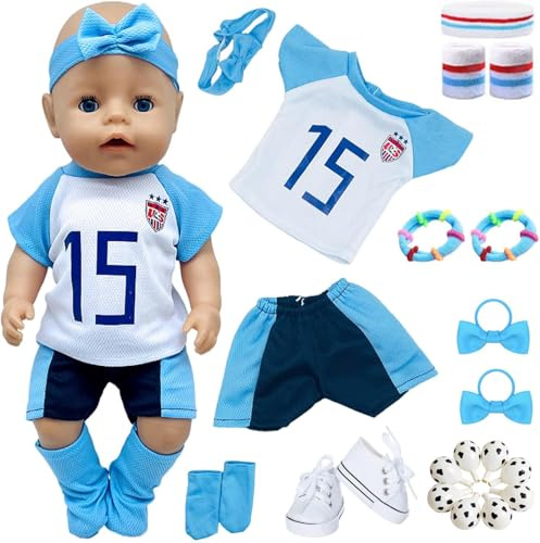 13 Pcs Baby Doll Clothes for 14-17 inch/35-43 cm Baby Dolls, Football Game Clothes Set Bow Tie Hairband Striped Headband Wristband Shoes Football Balloon Baby Dolls Accessories Girls Birthday Gift
