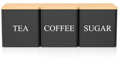 PATNFR 3pcs Tea Coffee Sugar Canisters, 500ML Metal Tea and Coffee Canisters Set with Airtight Lid and Name Marker, Square Storage Container Jar Kitchen Storage Tin for Home Kitchen Snack (black)