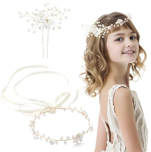 ZMDMAH 2 Pezzi Accessori Capelli Comunione Bambina – Cerchietto Perle Bianche & Corona Fiori con Nastro – Copricapo Elegante per Matrimonio, Foto, Eventi Speciali