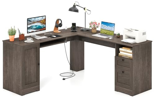 COSTWAY Skrivbord i L-form, hörnskrivbord med laddningsstation, tangentbordshylla, skåp och 2 lådor, hörnbord, datorbord, kontorsbord för hem eller kontor, 168 x 168 x 76 cm (svart) (svart) (grå)