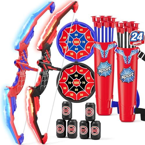 HYES 2PCS Bow and Arrow for Kids, LED Light Up Archery Set with 24 Suction Cup Arrows, 2 Hanging Target, 6 Score Targets & 2 Quiver, Indoor Outdoor Sport for Boys Girls Ages 4-12