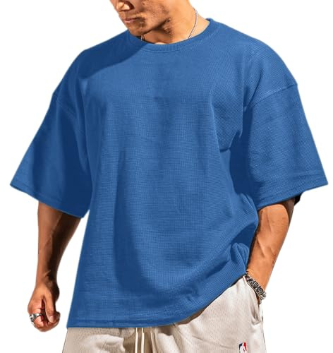 Hombres Básico Manga Corta Gofre Sudaderas Camisa de Entrenamiento Ajuste Holgado Ejercicio Pull-Over Camisa de Cuello Redondo Azul XXL