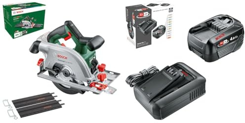 Sierra circular inalámbrica Bosch UniversalCirc 18V-53 (juego de rieles guía de 2 piezas) + kit básico de batería y cargador rápido de 18 V (batería de iones de litio de 4,0 Ah; 1 cargador rápido)