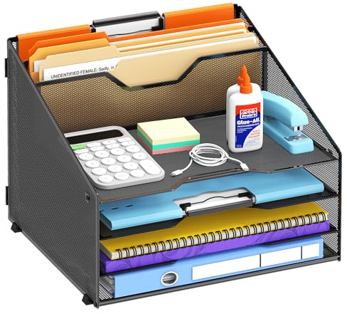 ReePlan Schreibtisch Organizer aus Metall – Dokumentenablage A4 mit 4 Ablagen & 2 Vertikalen Fächern, Mesh Büro Organizer Metall für Ordnung auf dem Schreibtisch, Büro & Home Office, Schwarz