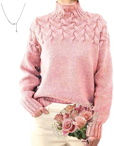 POIOZXD Maglione a collo alto in cashmere, comodo maglione a collo alto lavorato a maglia a trecce maglioni in cashmere da donna morbidi e caldi maglioni lavorati a maglia, rosa, L