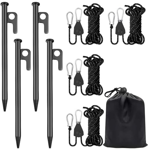 4 PCS Reflective Tent Guy Ropes, 4 mm TentCamping Cord with Pulley, 4M Heavy Duty Guide Buckle Rope with Aluminum Adjuster TentPeg & Storage Bag for Awning Outdoor TentTarp Gazebo Hiking Awning