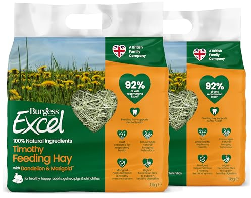 Burgess Excel Dandelion & Marigold Timothy Feeding Hay, 2kg – Dandelion & Marigold Feeding Hay for Rabbits, Guinea Pigs & Chinchillas - Dust Extracted (Pack of 2)