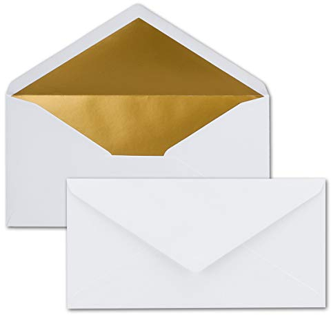 50 Brief-Umschläge DIN Lang - Weiß mit Gold-Metallic Innen-Futter - 110 x 220 mm - Nassklebung - festliche Kuverts für Weihnachten