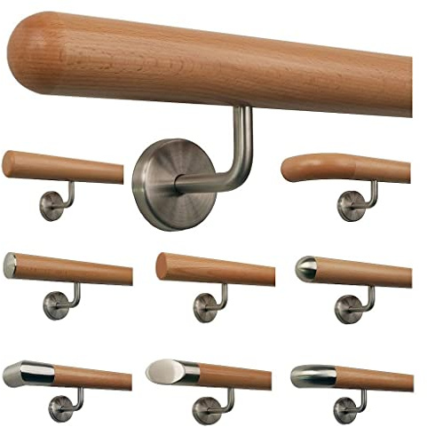 TIBU Buche Geländer Handlauf Treppe Holz Griff gew. Edelstahlhalter, Länge 30 - 500 cm aus einem Stück / Variante:110 cm mit 2 Halter Halbkugel gefräst