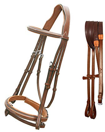 ExionPro Exion Anatomical Snaffle Jumping Bridle for Horses with Removable Flash Noseband & Rubber Reins – Premium Vegetable-Tanned Leather, SS Buckles, Padded MonoCrown, Designer Stitching