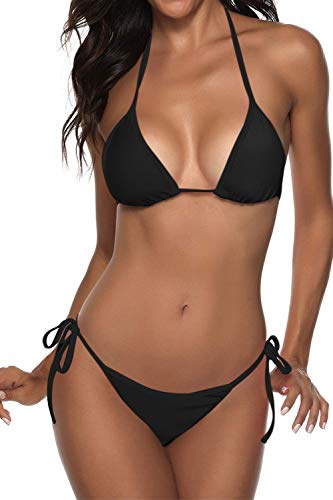 Suvimuga Women Halter Triangle Bikini Set 2 Piece String Swimsuit Black L