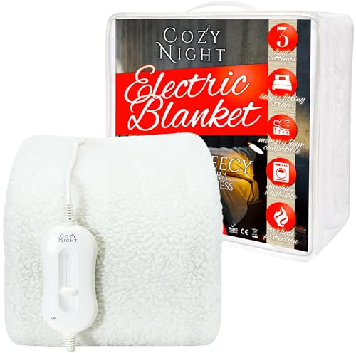 Cozy Night Single Electric Blanket, Size 90 x 192cm, Soft Fleece Fitted Underblanket Mattress Cover, Quick Fit Corner Straps, 3 x Heat Settings, 70W Control and Machine Washable