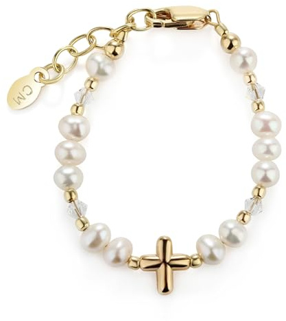 Cherished Moments 14K Gold-Plated Cross Bracelet Newborn Baptism Gift for Infant Girls with Simulated Pearls Christening Gift (SM)