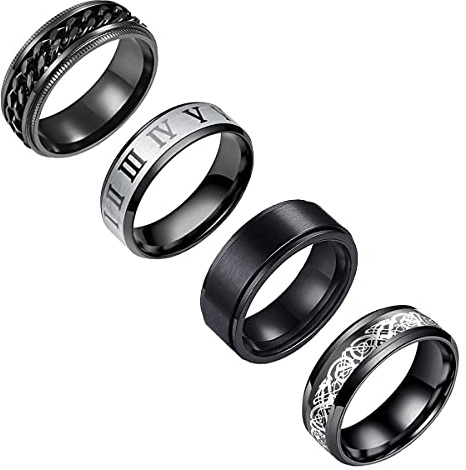 yfstyle 4PCS Stainless Steel Rings for Men Wedding Ring Cool Simple Band Rings for Men Black Plated Matte Finish Stackable Bands Rings Size 6-12-black set-6