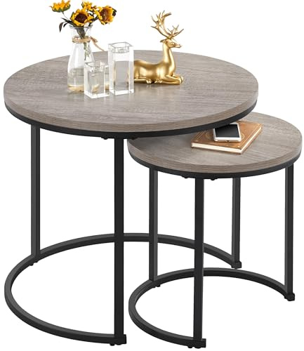 Yaheetech Set 2 Tavolini da Salotto Sovrapponibili Rotondi Design Moderno da caffè Estraibili Mobile per Soggiorno Grigio
