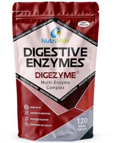 Digestive Enzymes | 120 Tablets | DigeZyme® | Contains Amylase, Lactase, Lipase, Protease & Cellulase | Digestion Support, Gut Health, Bloating & Discomfort Relief | Vegan | UK Made | by NutriVolv