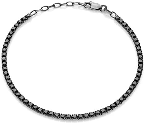 Aka Gioielli® - Tennisarmband i 925 brunt silver med svart zirkon flod diamantstorlek, justerbar längd, 22 cm, sterlingsilver kubisk zirkonium, zirkoniumoxid, 22 cm, Sterling silver kubisk zirkonia