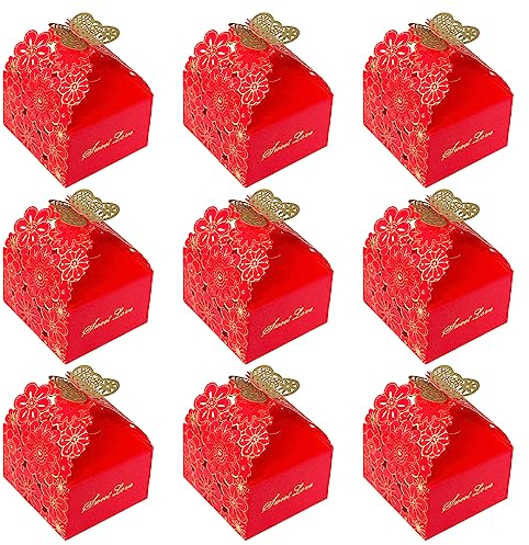 Fayemint 30 Piezas Cajas de Regalo de Boda con Patrón de Flores, Mariposa de Flores Cajas para Dulces, Cajas de Regalo de Papel Creativo, para Cumpleaños y Fiestas (Rojo)