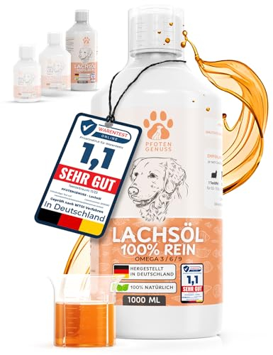Pfotengenuss Lachsöl für Hunde 1L - natürliche Omega 3, 6 & 9 Quelle - frisch abgefüllt in Deutschland - natürliches, hochdosiertes Lachs-Öl - Barf-Öl