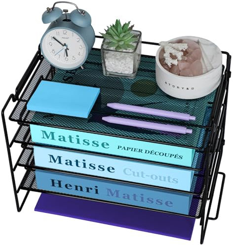 4 Tier Letter Tray Organiser for Desk Tidy, Metal Mesh Magazine File Desk Organiser, Mesh Office Files Desk Storage, Wire Mesh Paper Tray for Office School Home