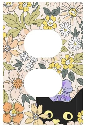 Funny Cute Black Cartoon Cat Spring Green Floral Flower Girls Boys Kids Kitty Flower 1 Gang Duplex Receptacle Wall Plate Electrical Outlet Decorative Decorator Light Switch Faceplate Plug Socket Cover