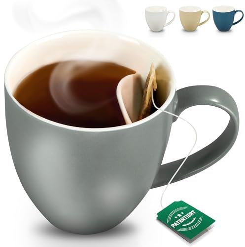 Neighbour's Friend Patentierte Teetasse grau mit Beutelablage I Keramik Tasse groß 325ml I Teebecher Steingut I Keramiktasse für Tee I Spülmaschinengeeignete Teetassen I Modernes Design für Teetrinker
