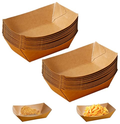 Ksvaye 100 Pièces Vaisselle Jetable Forme de Bateau Barquette Frite Kraft Barquette Carton Dégradable Boite Carton Alimentaire pour Frites,Collations,Macarons,Currywurst,Salade, 12,5 x 8,3 x 3,6CM