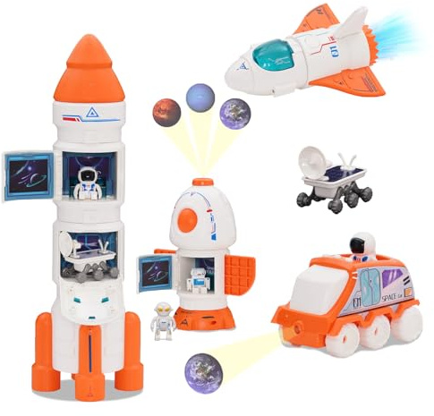 YULEYU Fusée Spatiale pour Enfants - Fusée Jouet Espace & Navette Spatiale Jouets, Modèle avec Astronaute (Orange), Effets Sonores Lumineux, Éducatif 3 Ans et Plus