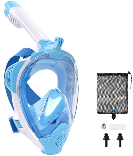 AOOSA Maschera Snorkeling Integrale Maschera Subacquea Con Staffa per Fotocamera, 180° HD Anti-Appannamento Anti-Perdita Maschera Integrale, Set da Snorkeling Pieghevole per Adulti (Blu, L/XL)