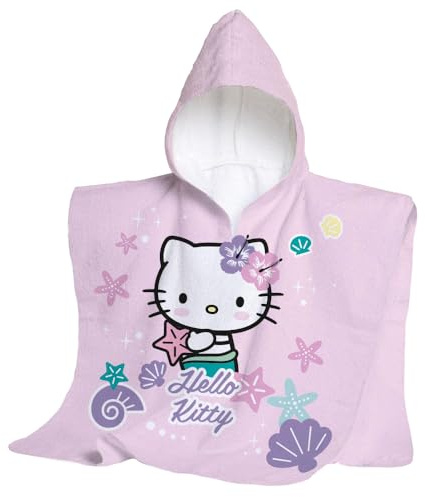 hermet, Hello Kitty Serviette de Plage avec Capuche, Poncho de mer Maxi pour Enfant, 60 x 60 cm, Serviette de Plage ou Piscine, 100% Coton Doux