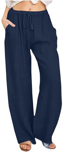 KUIH Womens Trousers Summer Casual Linen Trousers Drawstring Elastic Waist Long Pants Women Straight Wide Leg Lounge Pants High Waisted Palazzo Loose Fit Ladies Bottoms