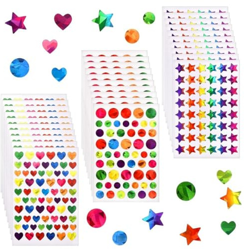 30 Fogli Stickers Bambini, Forma di Cuori Stelle Punti Adesivi Colorati Stickers, DIY Accessori, per Compleanno, Matrimonio, San Valentino, Ufficio, Istruzione