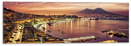 Panorama golfo di Napoli tramonto Vesuvio - Quadro Stampa su Tela con Telaio in legno - 150x50 cm
