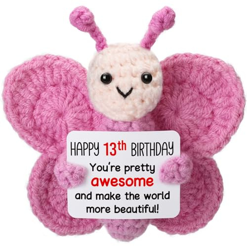 Weming 13 Year Old Girl Birthday Gift Ideas, Mini Crochet Pink Butterfly Plush for 13th Birthday Gift for Teen Girl, Happy 13 YO Kids Decorations Butterfly Pressents