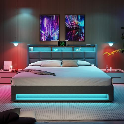 Upholstered Ottoman Bed with Hydraulic Lift&LED Storage Headboard, 6ft Super King Size Bed Frame with LED Lighting&USB Type-C Charging, Linen Functional Upholstered Storage Bed, No Mattress, Grey