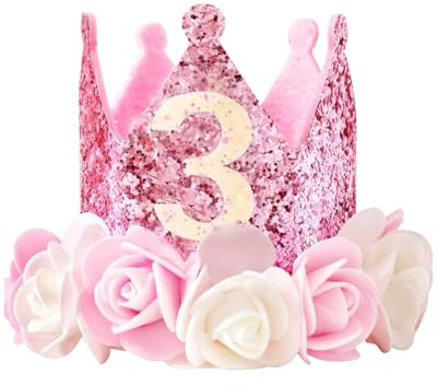 HUVZOR 3 Anno Corona Compleanno Bambina, 3 Anno Fascia Tiara Corona da principessa Cerchietto Bambina con fiore di rosa artificiale Decorazioni per feste Compleanno, Carnevale