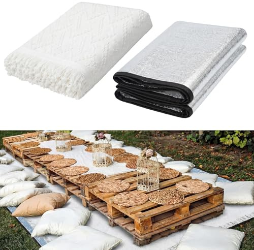 Hahafelt 110×134'' Extra Large Outdoor Picnic Blanket with Waterproof Mat Oversize Beach Woven Cotton Yarn Blanket with Fringe Machine Washable Sandproof Portable for Spring Summer Camping Beach Park