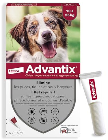Advantix Chien Moyen entre 10 et 25 kg – Pipettes pour chien contre 6 parasites – Traitement et protection pour votre chien pendant 4 semaines – 6 x 2,5 ml