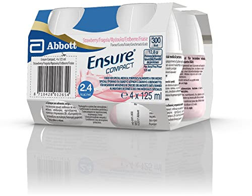 Ensure Compact Alimento a Fini Medici Speciali ad Alta Densità Calorica Formato Bevanda, Supplemento Nutrizionale Completo e Compatto, Confezione 4x125ml, Gusto Fragola